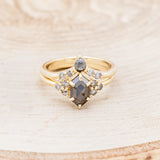 "OCTAVIA" - ELONGATED HEXAGON ROSECUT SALT & PEPPER DIAMOND ENGAGEMENT RING & TRACER