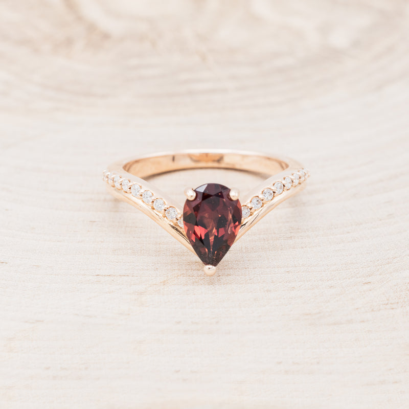 "IO" - PEAR-SHAPED GARNET ENGAGEMENT RING WITH DIAMOND ACCENTS - 14K ROSE GOLD - SIZE 7