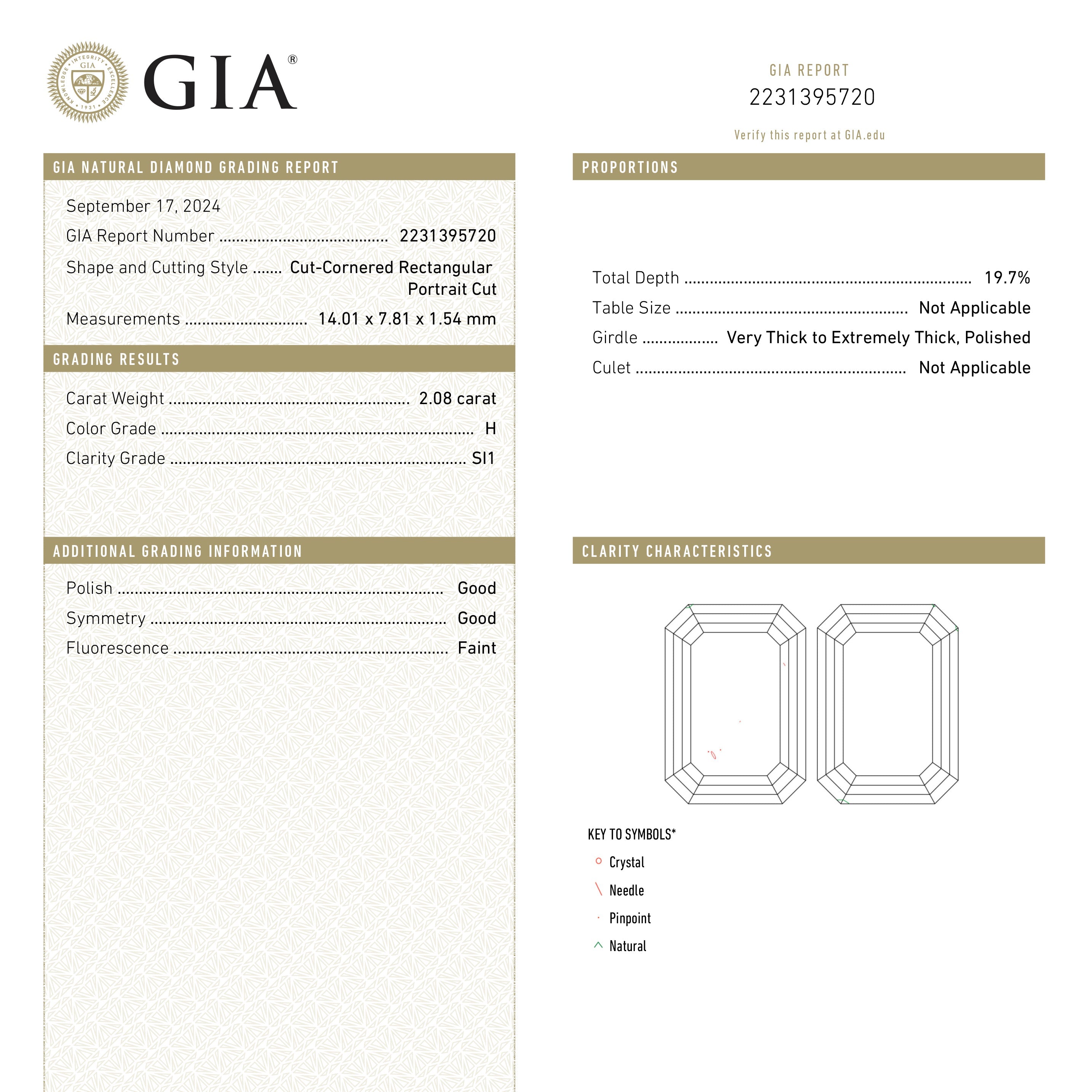 2.08ct 14.01x7.81x1.54mm GIA SI1 H Cut Corner Rectangle Portrait Cut 25540-01-Staghead Designs