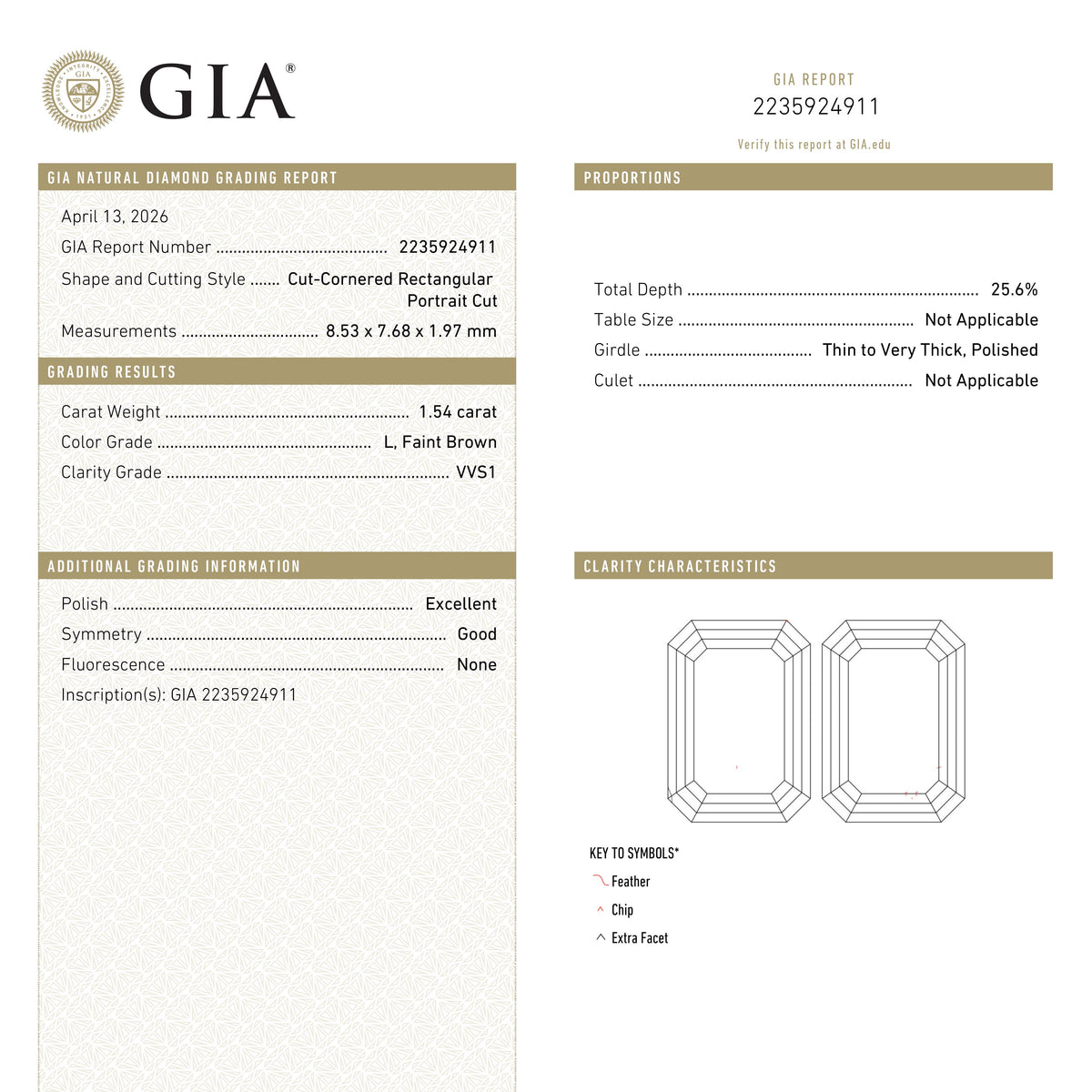 1.54ct 8.53x7.68x1.97mm GIA VVS1 L Cut Corner Rectangle Portrait Cut 28016-01-Staghead Designs
