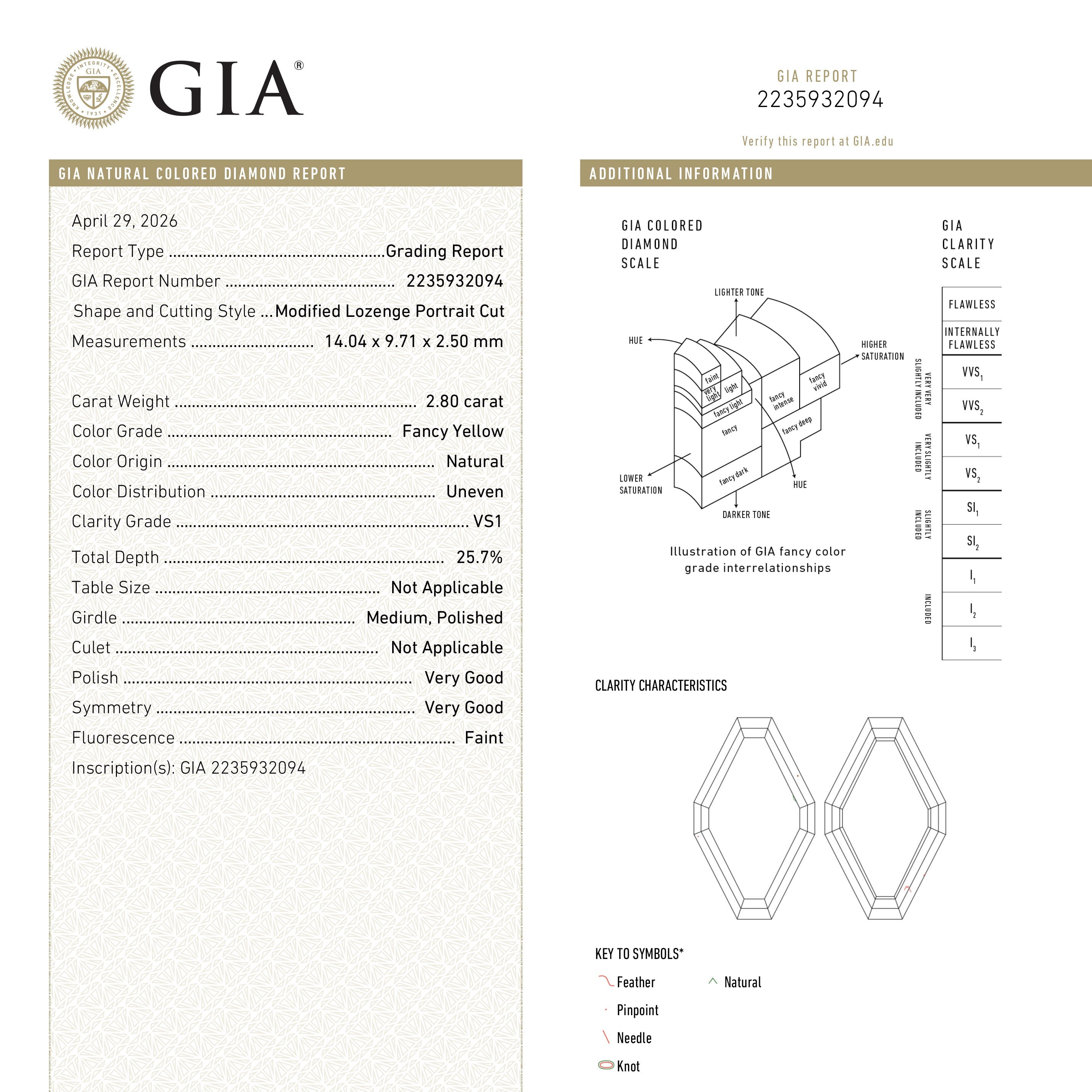2.80ct 14.04x9.71x2.50mm GIA VS1 Fancy Yellow Lozenge Portrait Cut 26757-01