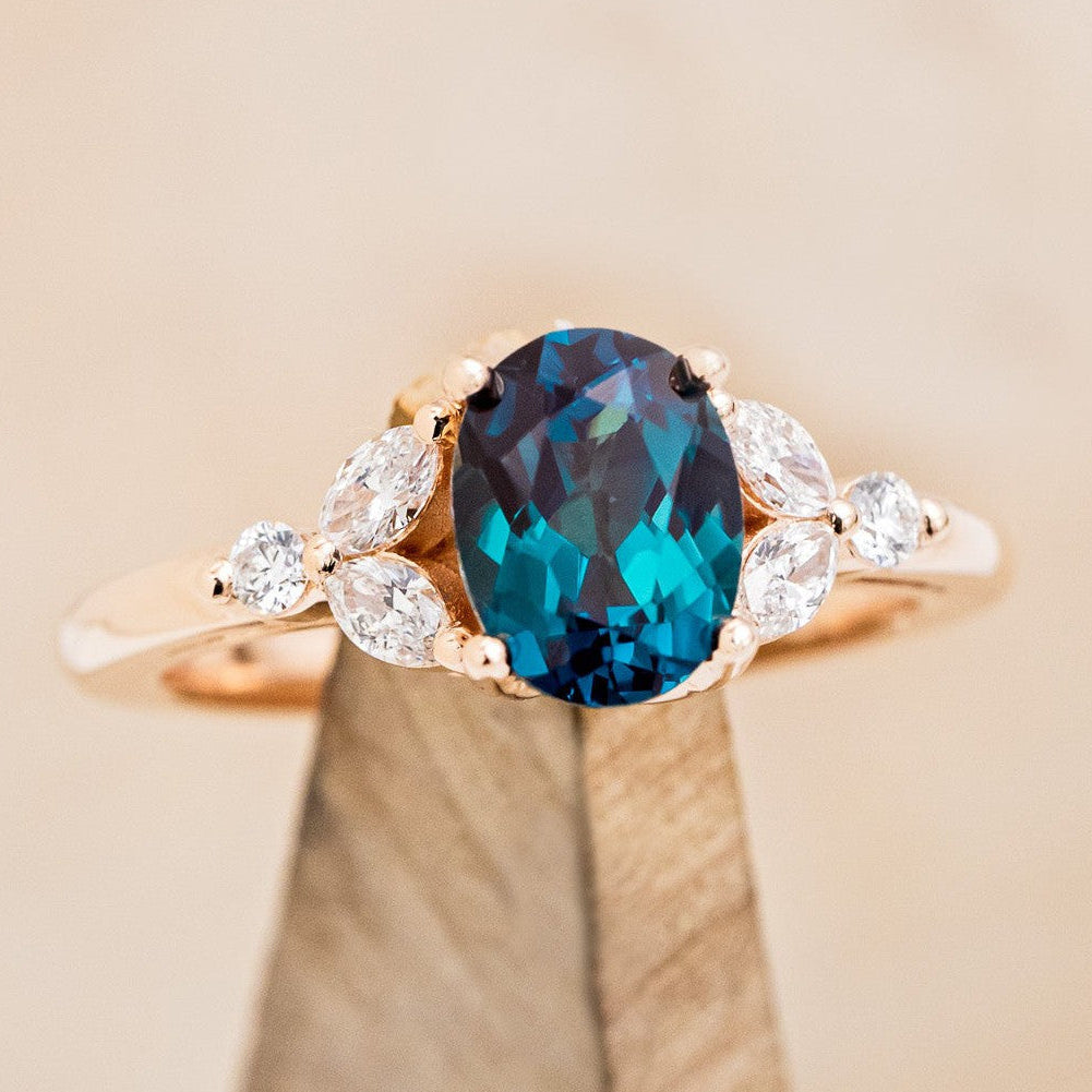 "BLOSSOM" - OVAL LAB-GROWN ALEXANDRITE ENGAGEMENT RING WITH LEAF-SHAPED DIAMOND ACCENTS-1
