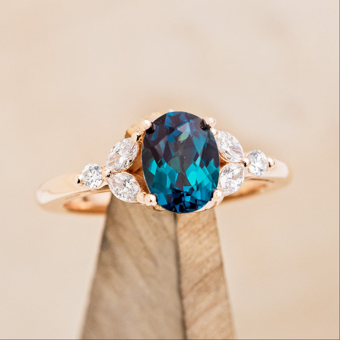"BLOSSOM" - OVAL LAB-GROWN ALEXANDRITE ENGAGEMENT RING WITH LEAF-SHAPED DIAMOND ACCENTS-1