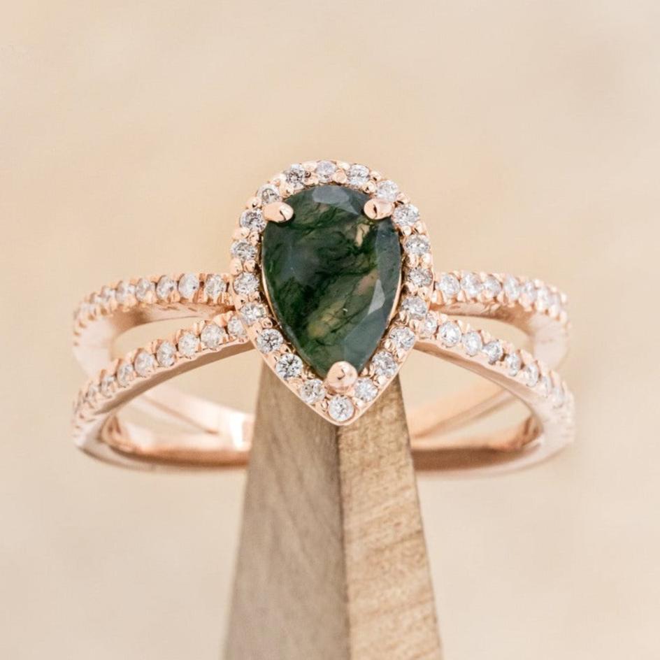 "NALA" - PEAR-SHAPED MOSS AGATE ENGAGEMENT RING WITH DIAMOND HALO & ACCENTS-1