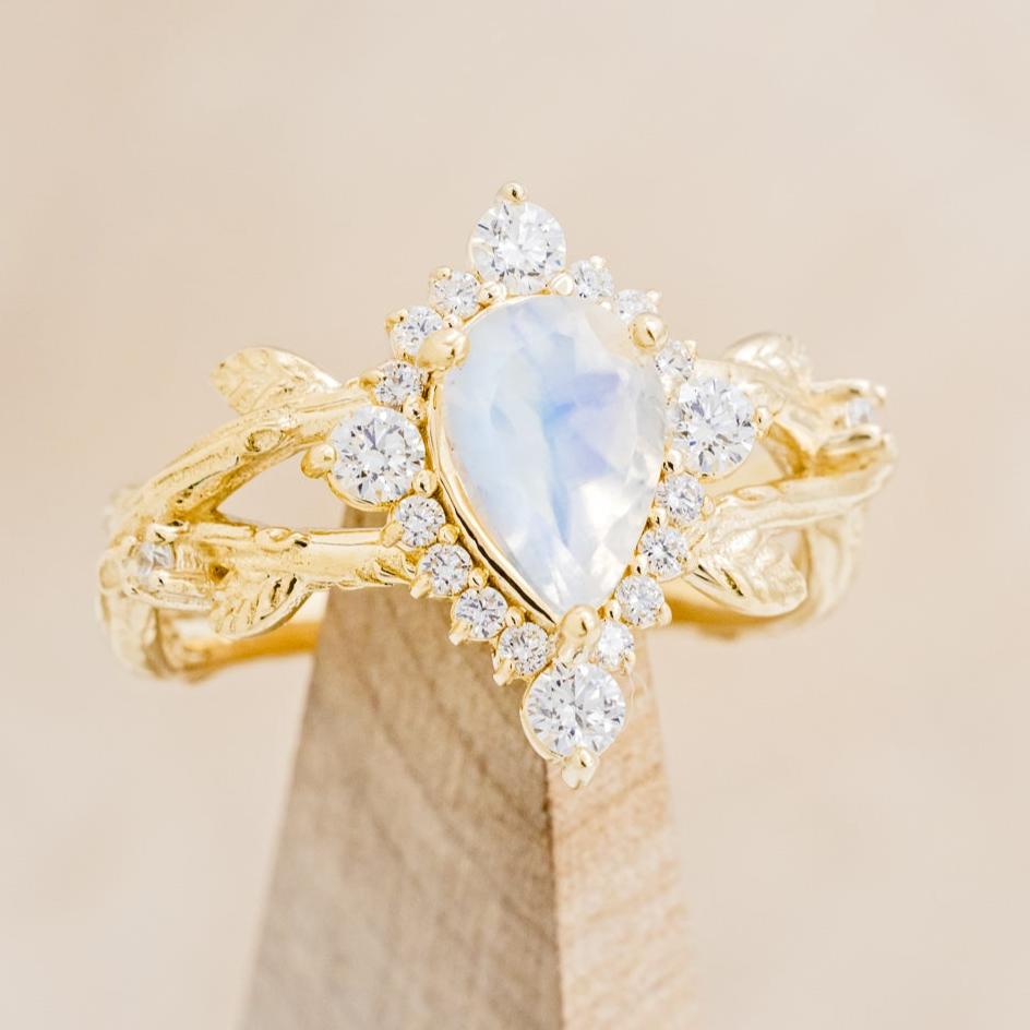 "ARTEMIS ON THE VINE DIVINE" - PEAR MOONSTONE ENGAGEMENT RING WITH DIAMOND ACCENTS & A BRANCH-STYLE BAND-7