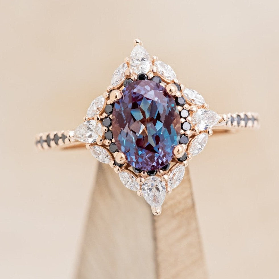 "NORTH STAR" - OVAL LAB-GROWN ALEXANDRITE ENGAGEMENT RING WITH DIAMOND HALO & BLACK DIAMOND ACCENTS-1