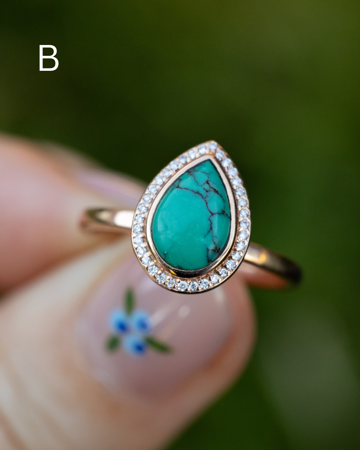 "TERRA" - PEAR-SHAPED TURQUOISE ENGAGEMENT RING WITH DIAMOND HALO - READY TO SHIP-Staghead Designs