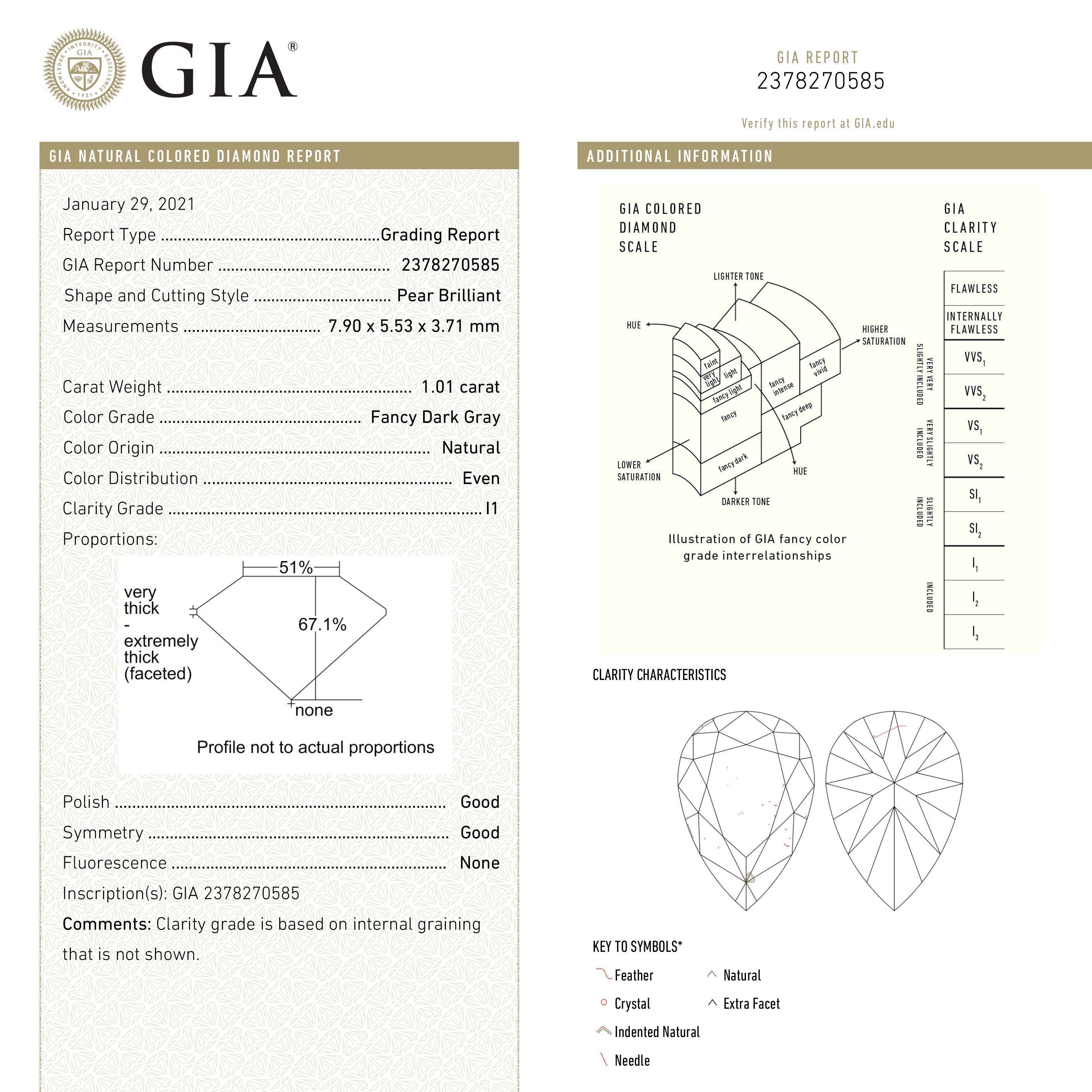1.01ct 7.90x5.53x3.71mm GIA I1 Fancy Dark Grey Pear Brilliant 19544-01-Staghead Designs