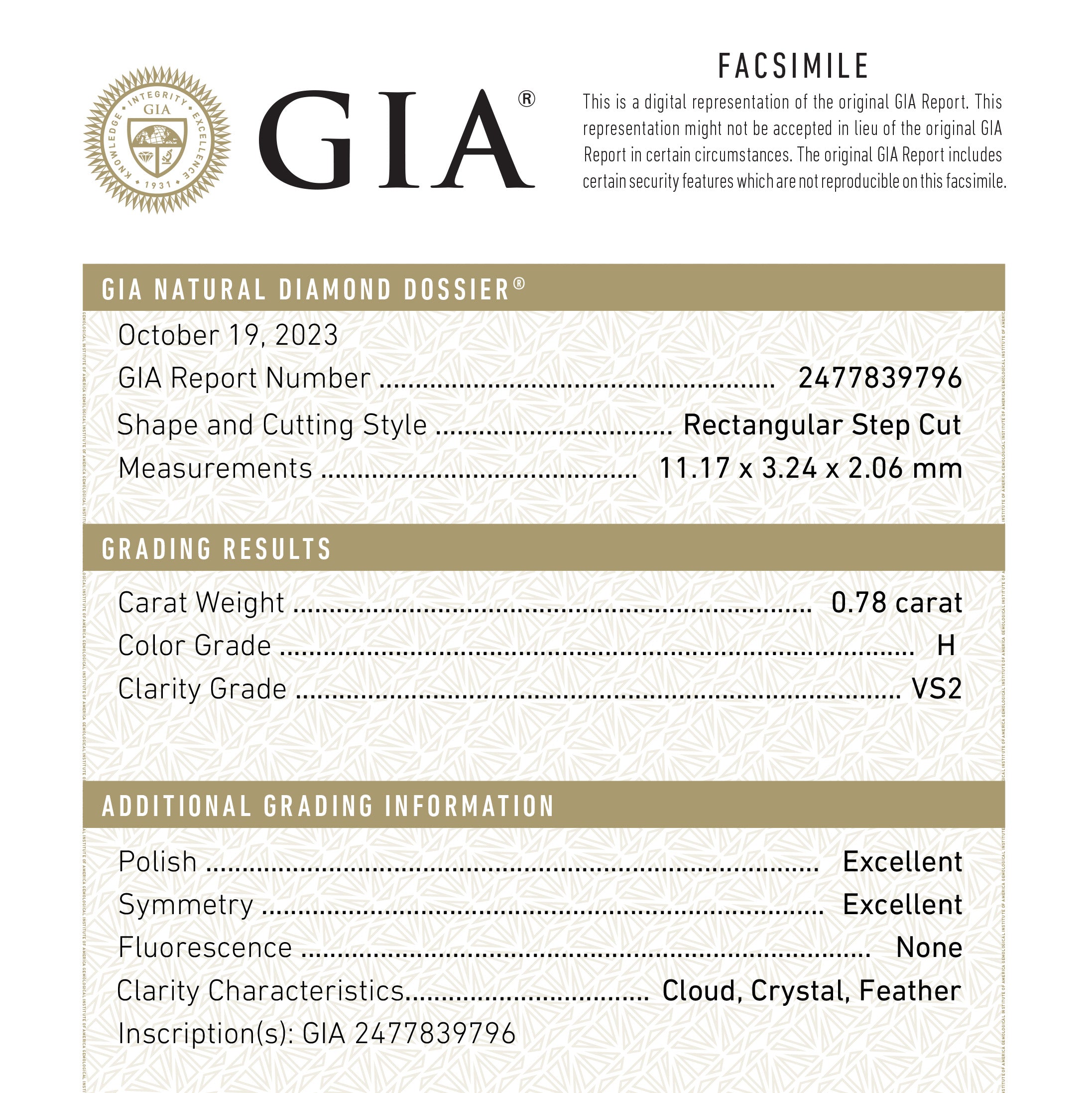 0.78ct 11.17x3.24x2.06mm GIA VS2 H Baguette Step Cut 24303-01-Staghead Designs