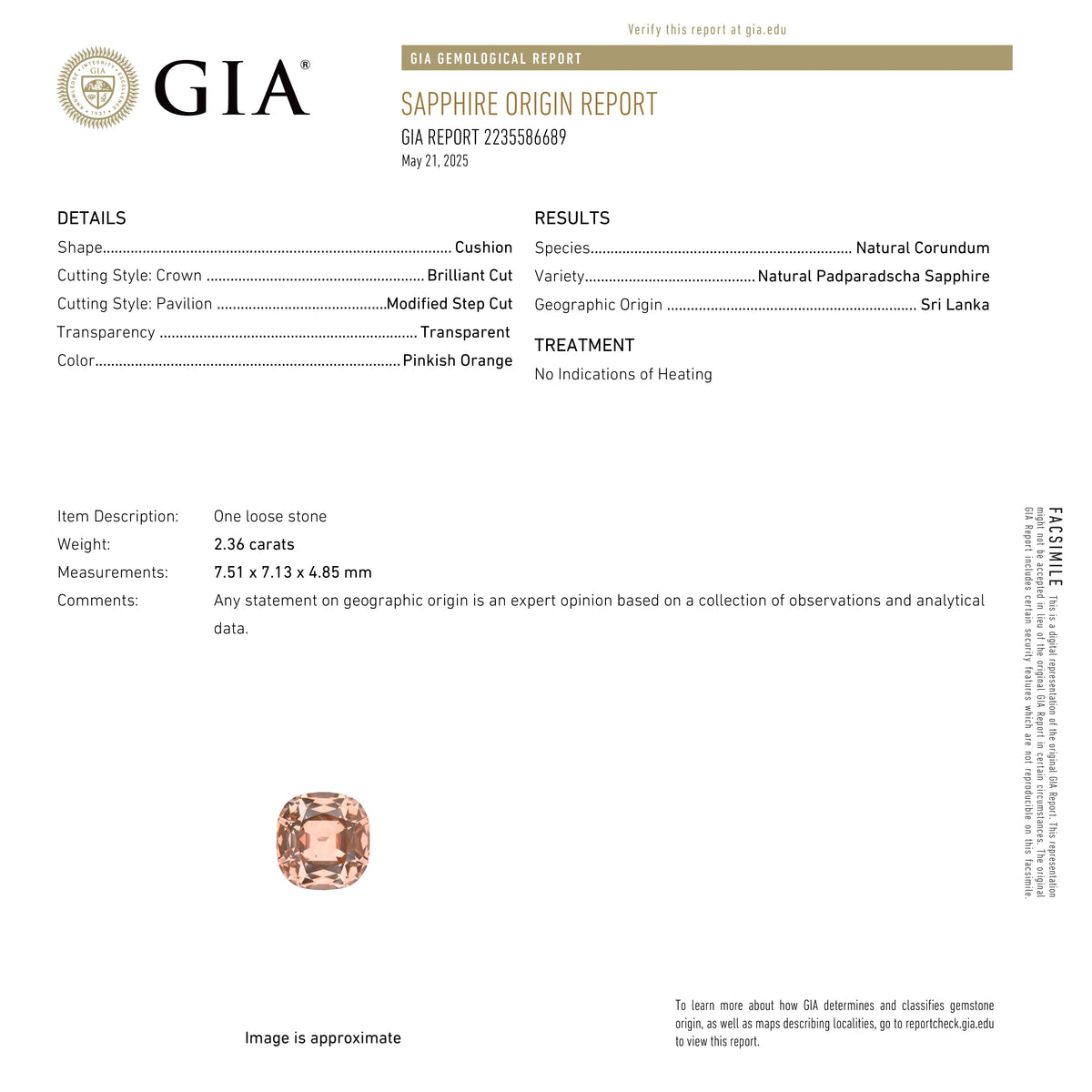 2.36ct 7.51x7.13x4.85mm GIA Padparadscha Cushion Brilliant Sapphire 27417-01-Staghead Designs