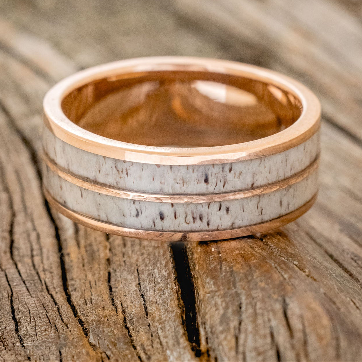 "Dyad" - Antler & Hammered 14K Gold Inlay Wedding Band-Staghead Designs