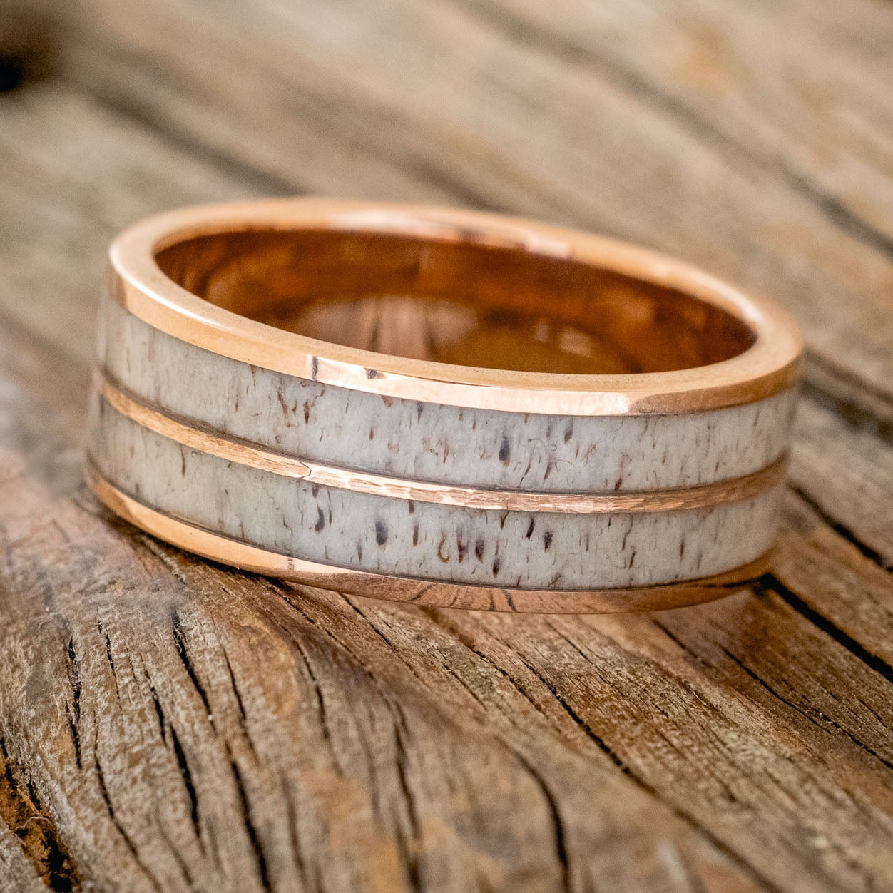 "Dyad" - Antler & Hammered 14K Gold Inlay Wedding Band-Staghead Designs