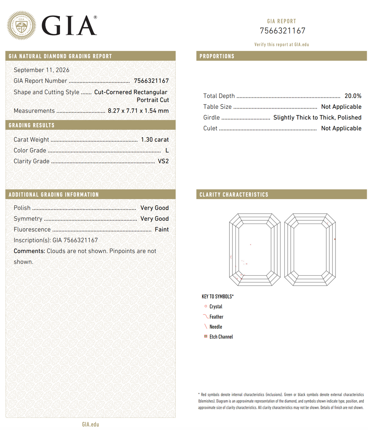 1.30ct 8.27x7.71x1.54mm GIA VS2 L Cut Corrner Rectangle Portrait Cut 28328-01-Staghead Designs
