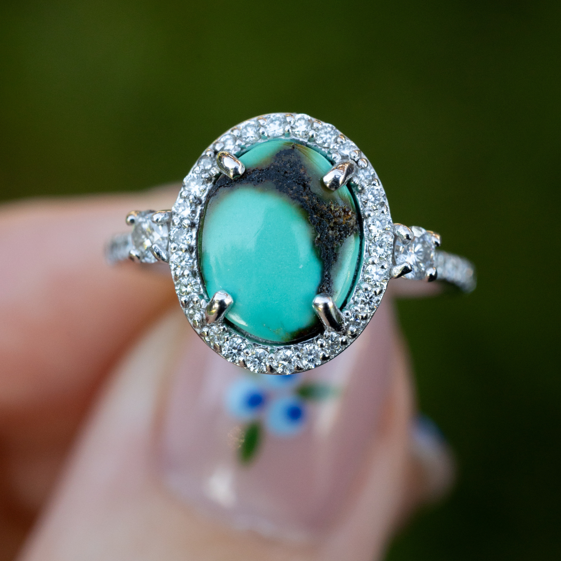 "KB" - OVAL TURQUOISE ENGAGEMENT RING WITH DIAMOND HALO & ACCENTS - READY TO SHIP-Staghead Designs