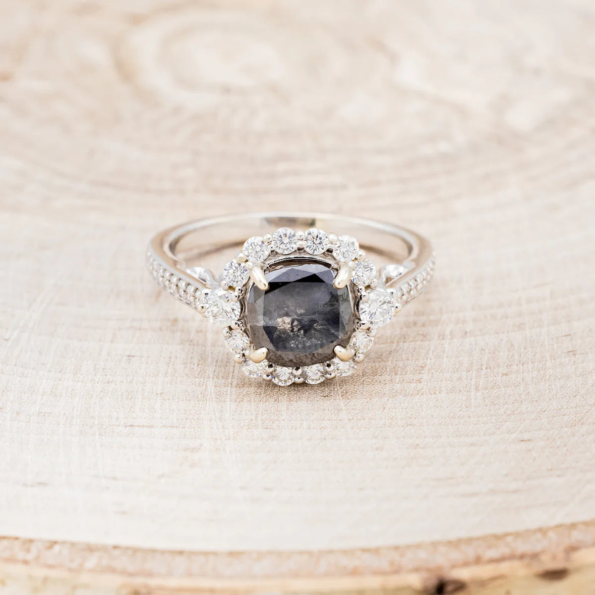 "OPHELIA" - CUSHION CUT SALT & PEPPER DIAMOND ENGAGEMENT RING WITH DIAMOND HALO & ACCENTS - 14K WHITE GOLD - SIZE 7 1/2-Staghead Designs