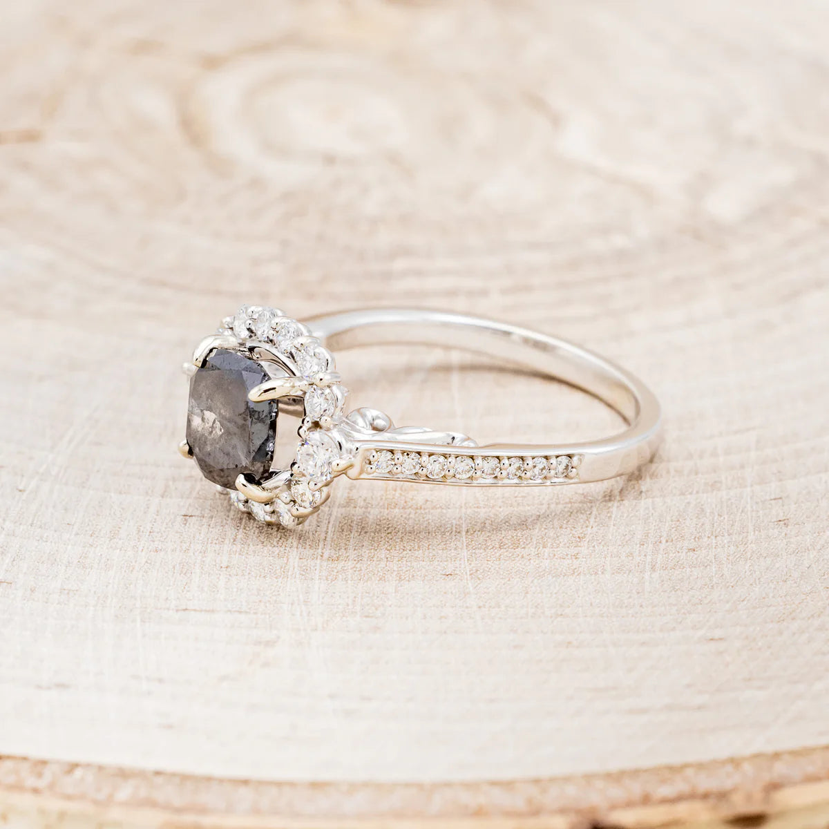 "OPHELIA" - CUSHION CUT SALT & PEPPER DIAMOND ENGAGEMENT RING WITH DIAMOND HALO & ACCENTS - 14K WHITE GOLD - SIZE 7 1/2-Staghead Designs