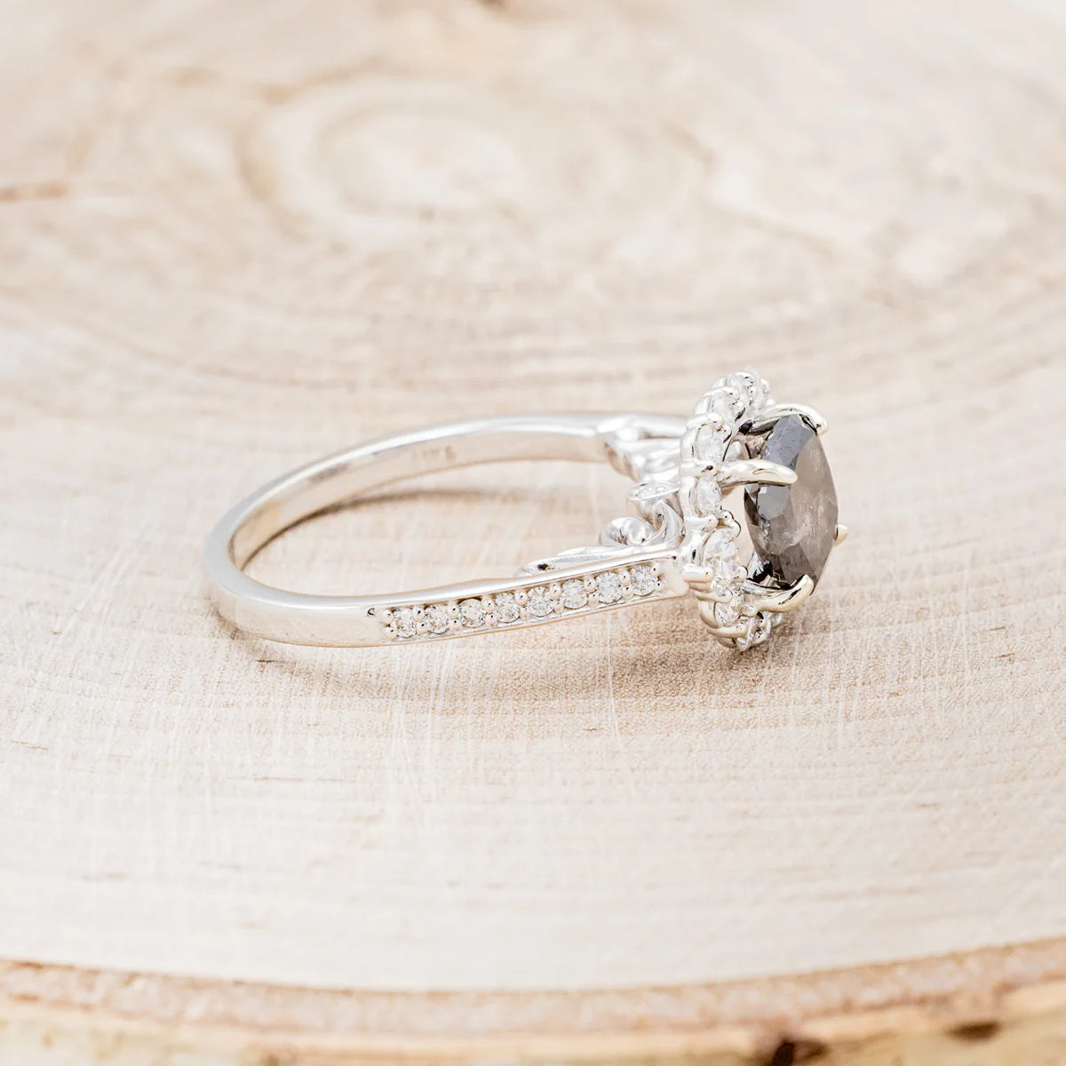 "OPHELIA" - CUSHION CUT SALT & PEPPER DIAMOND ENGAGEMENT RING WITH DIAMOND HALO & ACCENTS - 14K WHITE GOLD - SIZE 7 1/2-Staghead Designs