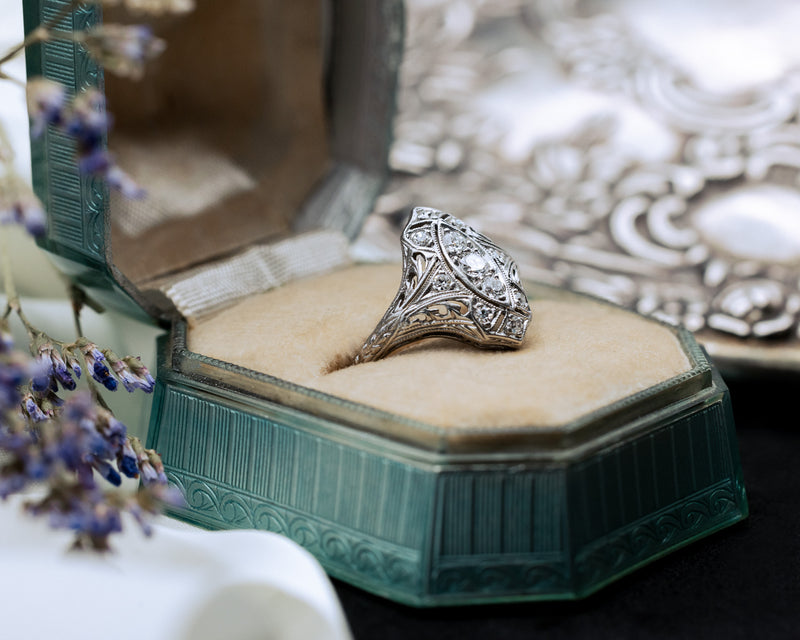 ANTIQUE ART DECO SHIELD RING WITH OLD EUROPEAN DIAMONDS AND FILIGREE IN PLATINUM-Staghead Designs