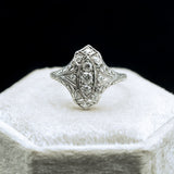 ANTIQUE ART DECO SHIELD RING WITH OLD EUROPEAN DIAMONDS AND FILIGREE IN PLATINUM-Staghead Designs