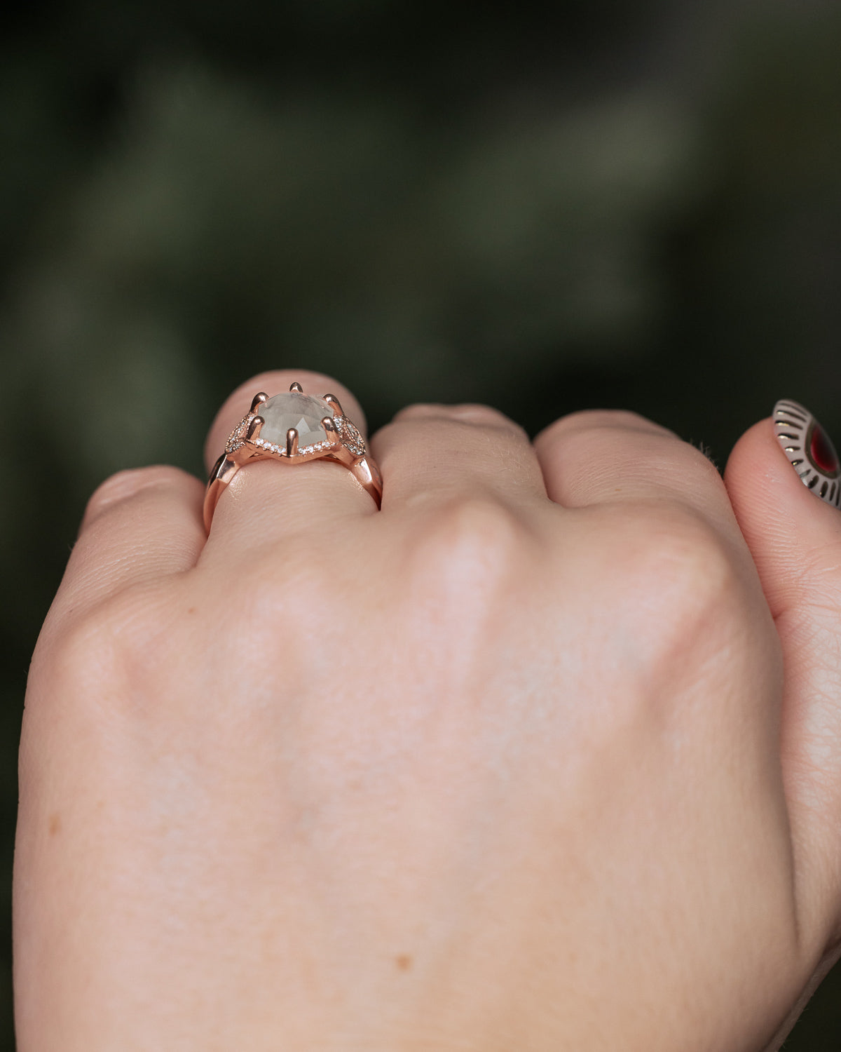 "LUCY IN THE SKY" - FACETED HEXAGON CUT MOONSTONE WEDDING BAND SET WITH DIAMOND HALO & TRACER-Staghead Designs