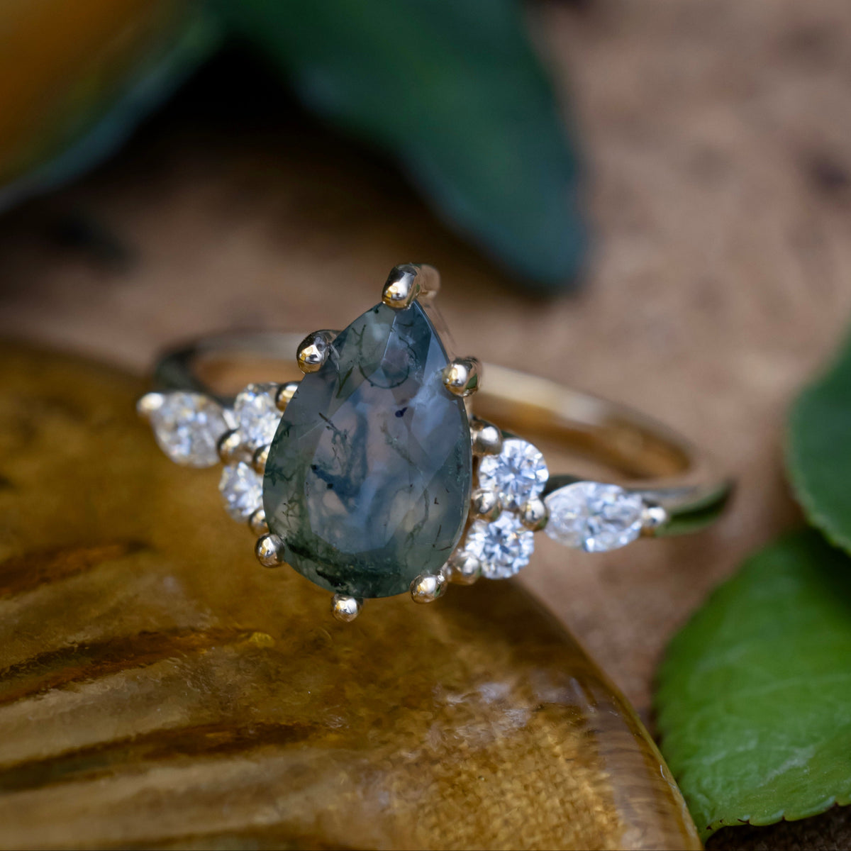 "Sage" - Pear Cut Moss Agate Engagement Ring With Diamond Accents-Staghead Designs