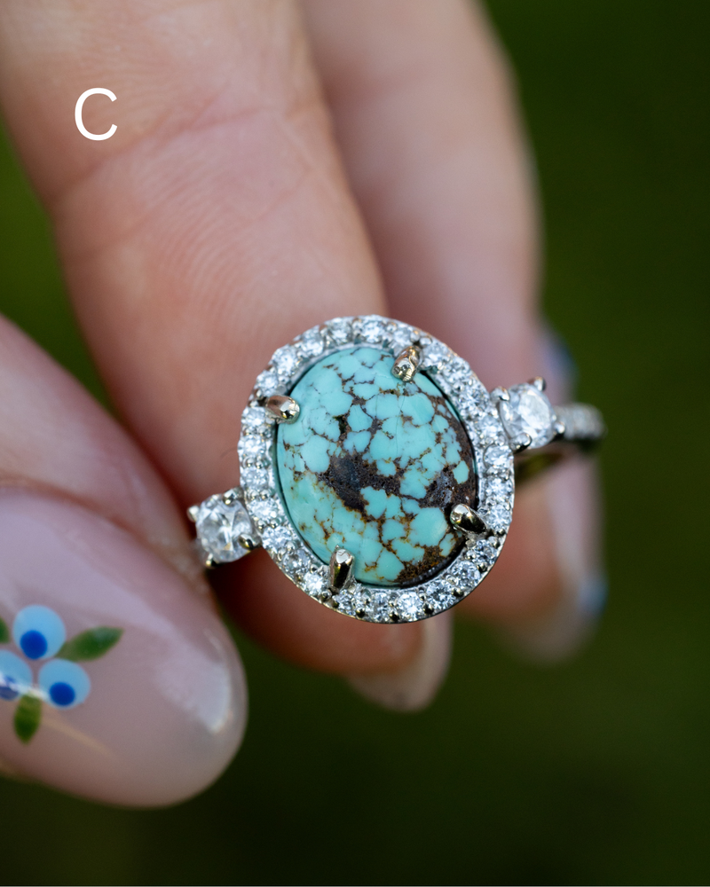 "KB" - OVAL TURQUOISE ENGAGEMENT RING WITH DIAMOND HALO & ACCENTS - READY TO SHIP-Staghead Designs