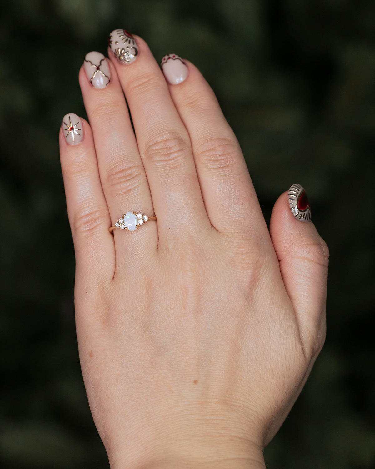 "RHEA" - OVAL CABOCHON CUT WHITE OPAL ENGAGEMENT RING WITH DIAMOND ACCENTS-Staghead Designs
