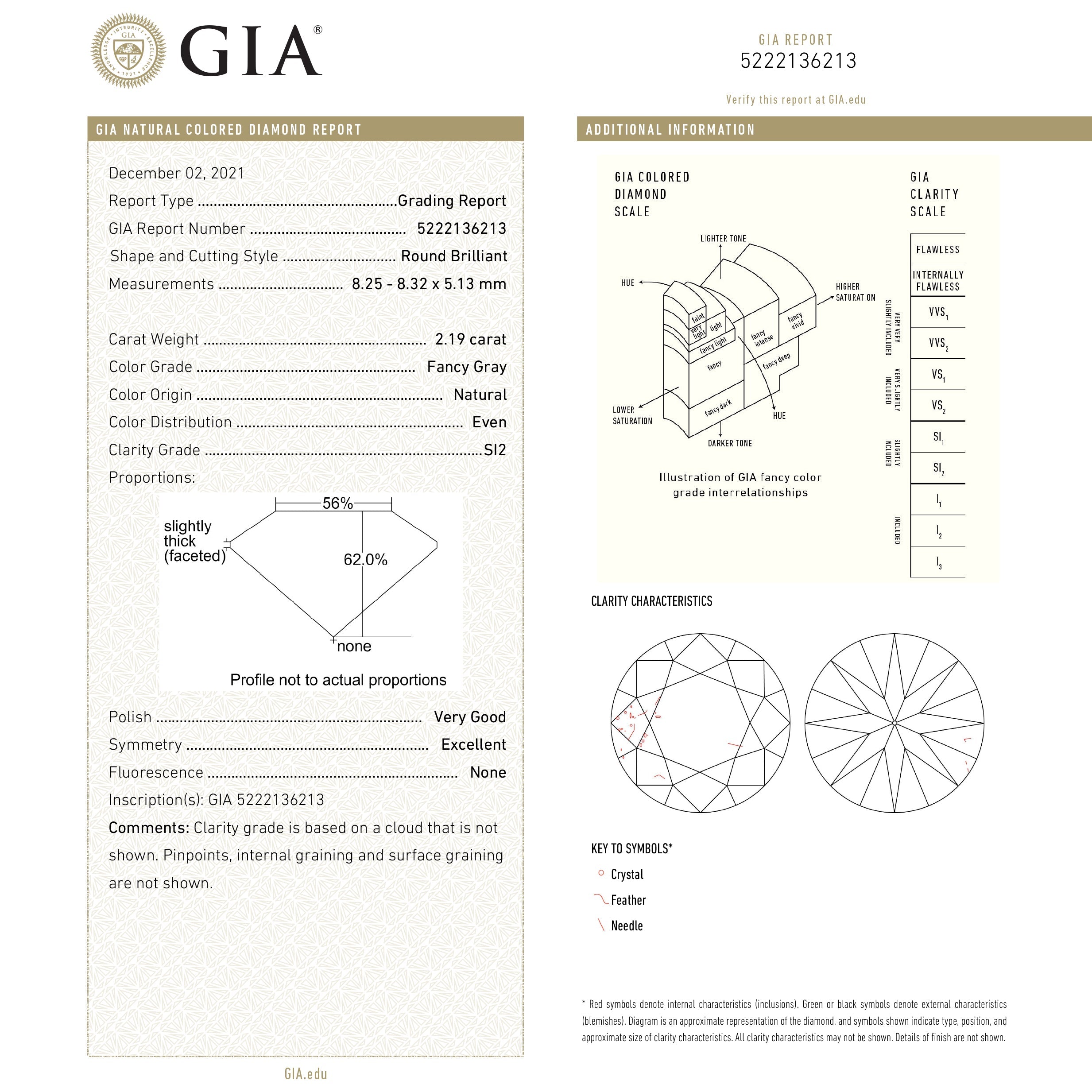 2.19ct 8.32x8.25x5.13mm GIA SI2 Fancy Grey Round Brilliant 19948-01-Staghead Designs