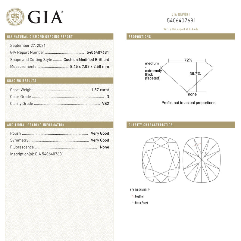 1.57ct 8.45x7.02x2.58mm GIA VS2 D Cushion Rosecut 20723-01-Staghead Designs