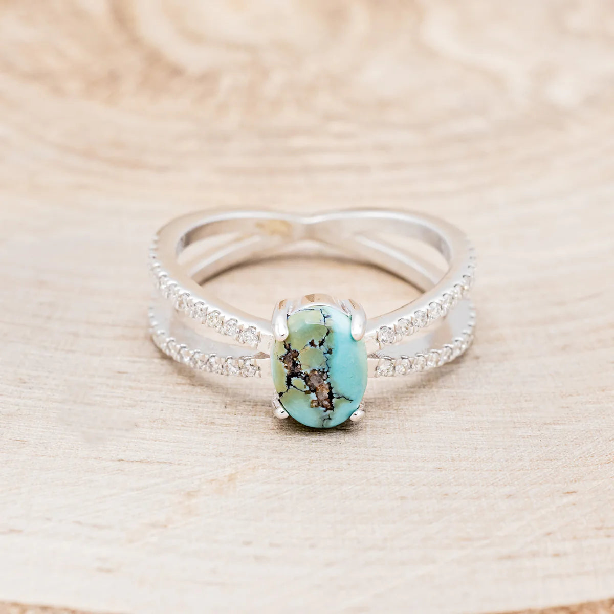 "ANASTASIA" - OVAL CABOCHON CUT TURQUOISE ENGAGEMENT RING WITH DIAMOND ACCENTS - 14K WHITE GOLD - SIZE 5 1/2-Staghead Designs