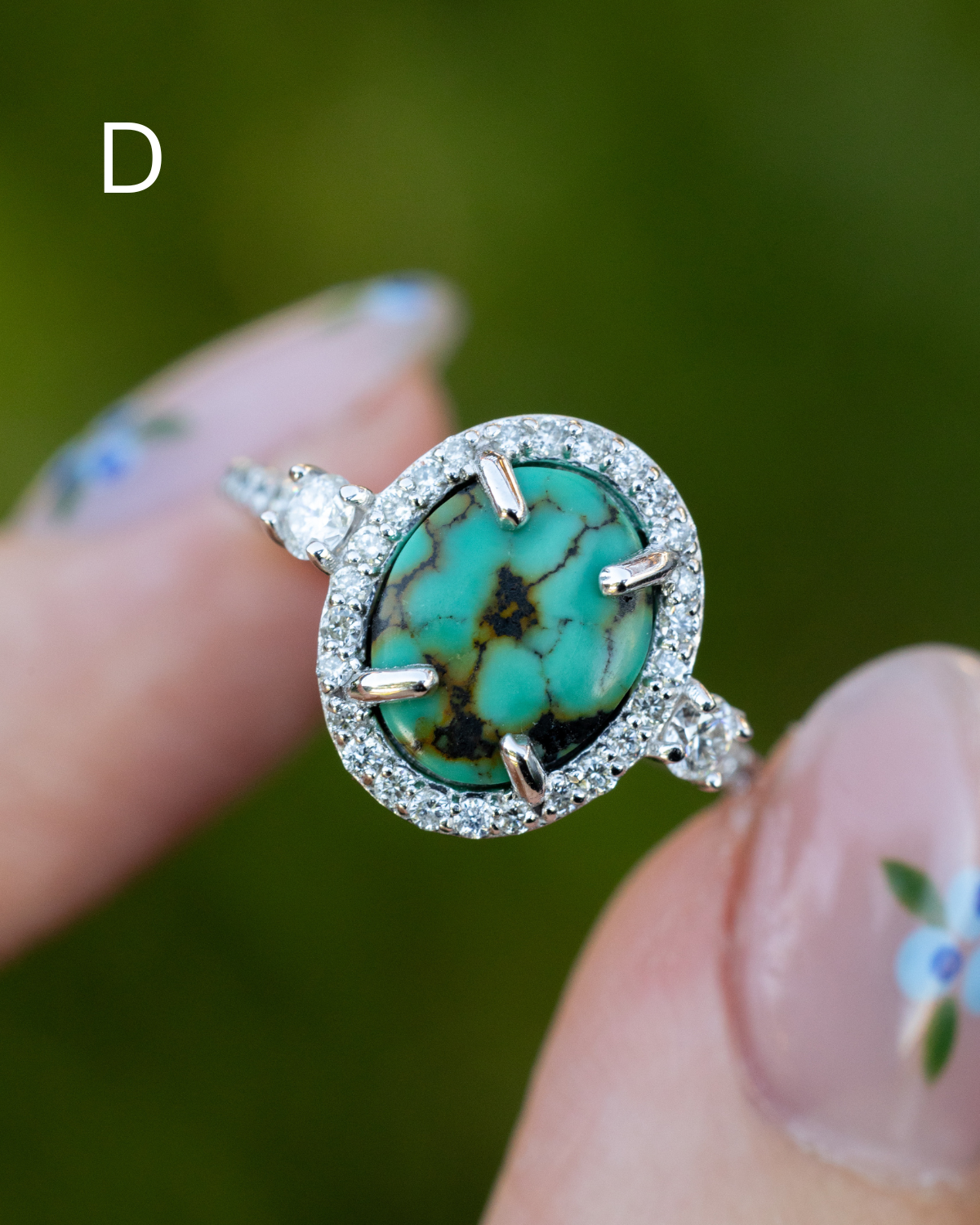 "KB" - OVAL TURQUOISE ENGAGEMENT RING WITH DIAMOND HALO & ACCENTS - READY TO SHIP-Staghead Designs