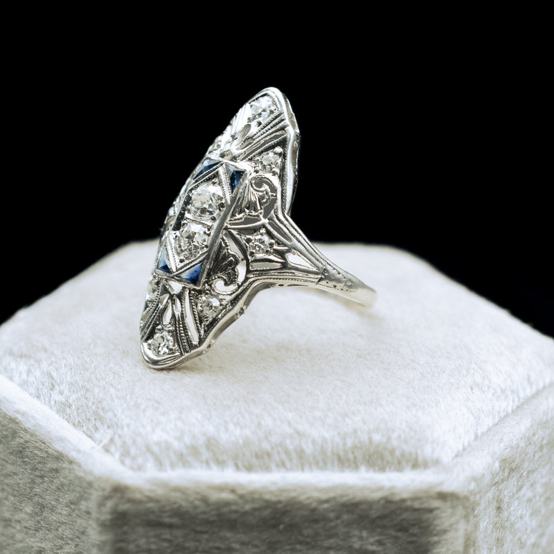 ANTIQUE PLATINUM RING WITH DIAMOND & SYNTHETIC SAPPHIRE ACCENTS-Staghead Designs