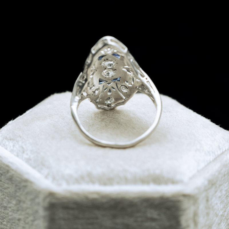 ANTIQUE PLATINUM RING WITH DIAMOND & SYNTHETIC SAPPHIRE ACCENTS-Staghead Designs