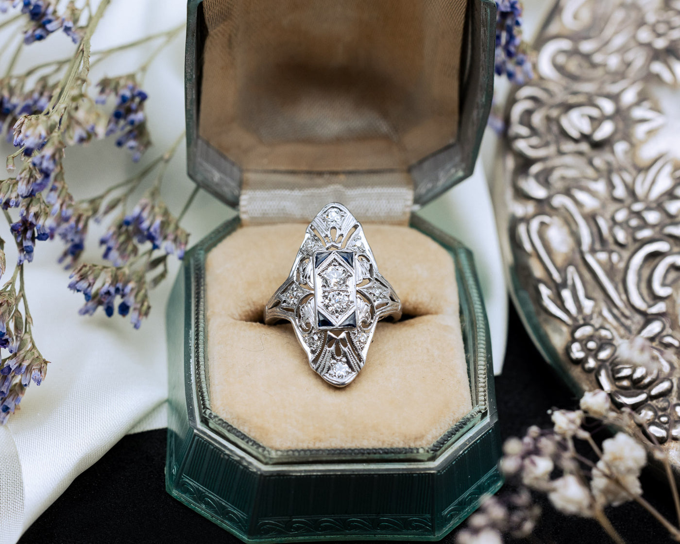 Platinum diamond and synthetic sapphire filigree ring