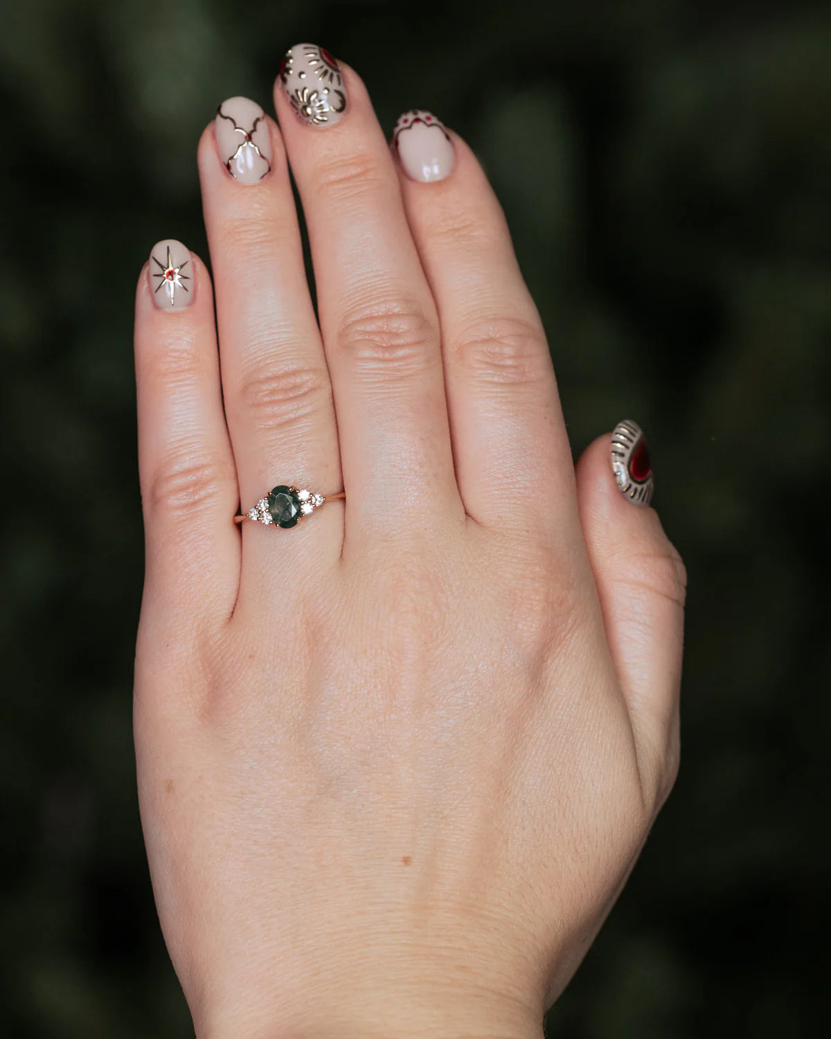 "Rhea" - Oval Cut Moss Agate Engagement Ring With Diamond Accents - 14K Yellow Gold - Size 6 1/2