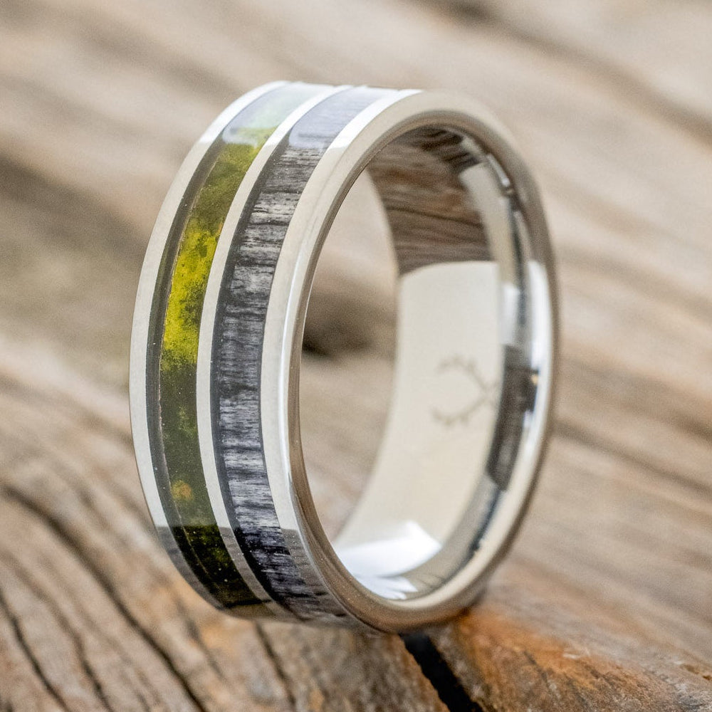 "DYAD" - MOSSY PATINA COPPER & GREY BIRCH WOOD WEDDING BAND-7