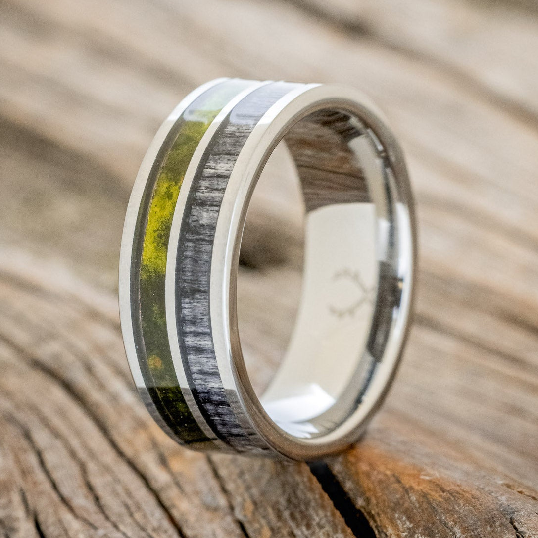 "DYAD" - MOSSY PATINA COPPER & GREY BIRCH WOOD WEDDING BAND-7