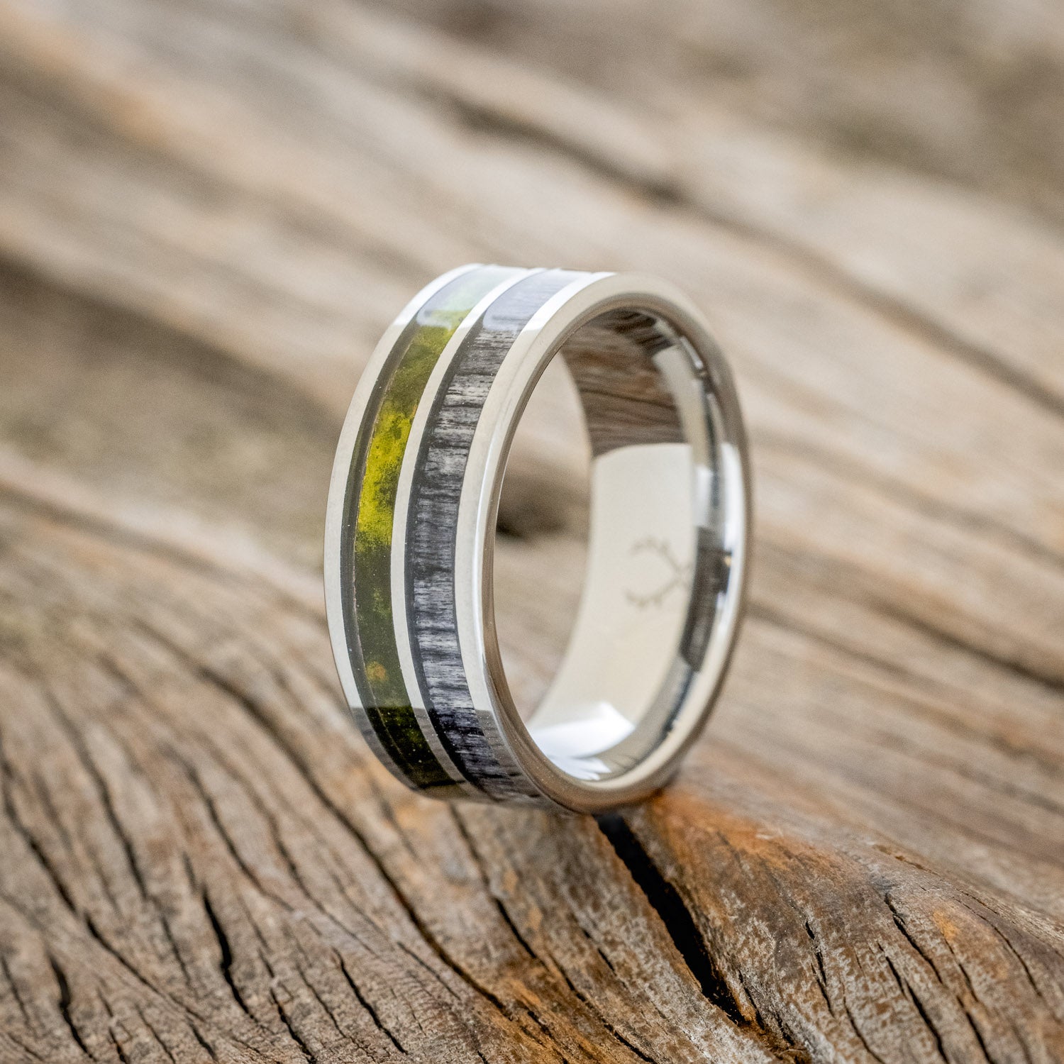 "DYAD" - MOSSY PATINA COPPER & GREY BIRCH WOOD WEDDING BAND-7