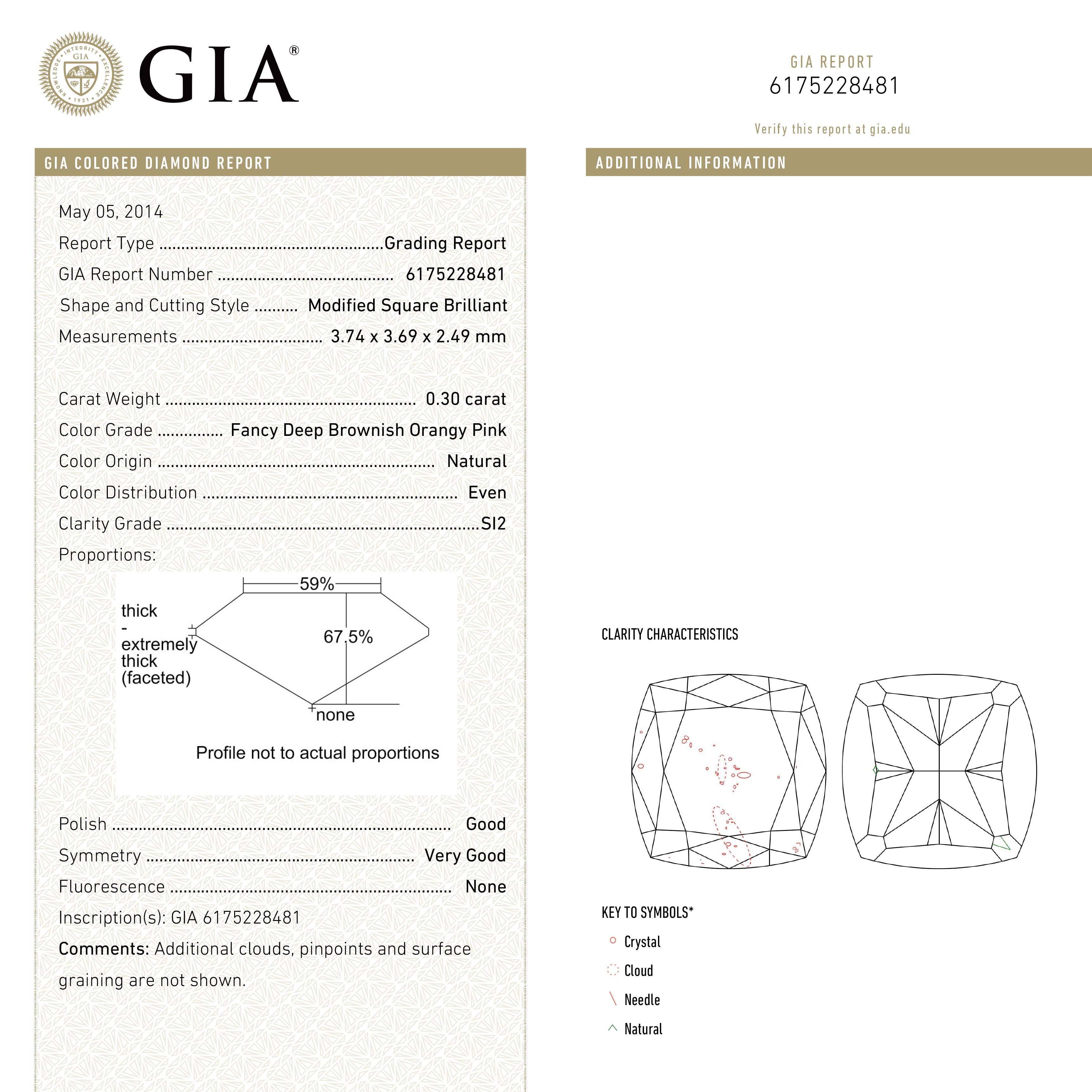 0.30ct 3.74x3.69x2.49mm GIA SI2 Fancy Deep Brownish Orangy Pink Cushion Brilliant 🇦🇺 24104-01-Staghead Designs