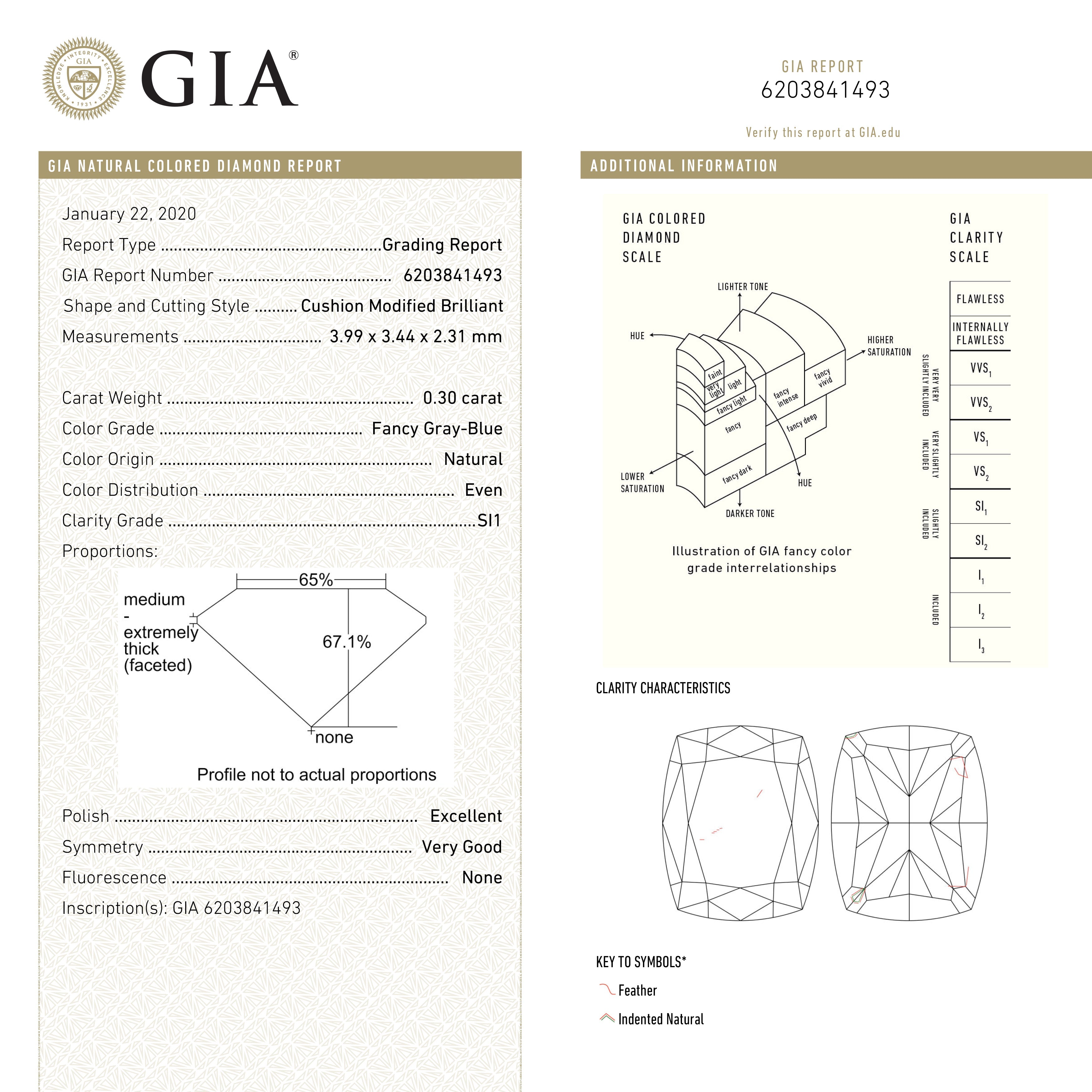0.30ct 3.99x3.44x2.31mm GIA SI1 Fancy Grey-Blue Cushion Brilliant 24142-01-Staghead Designs