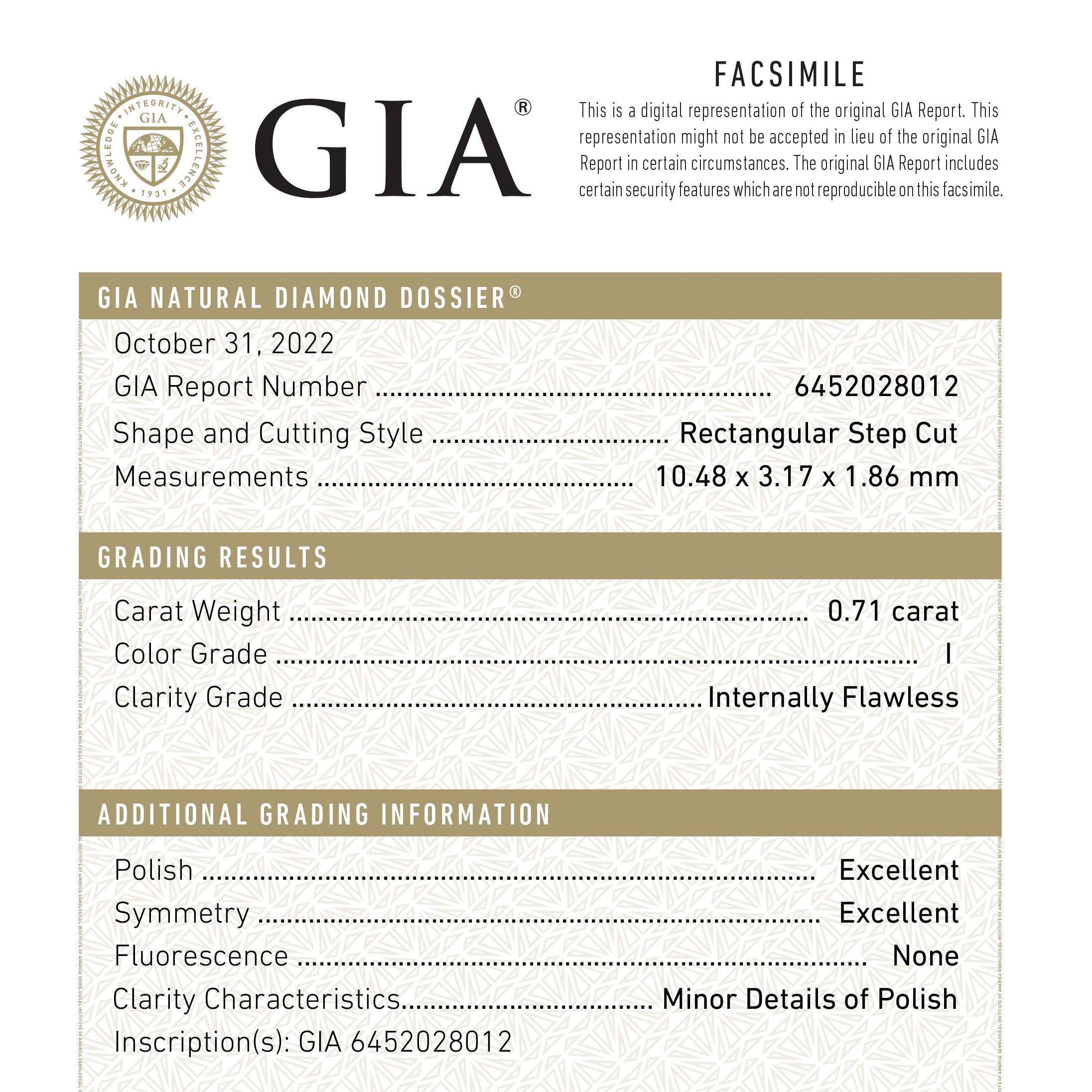 0.71ct 10.48x3.17x1.86mm GIA Internally Flawless I Baguette Step Cut 24302-01-Staghead Designs