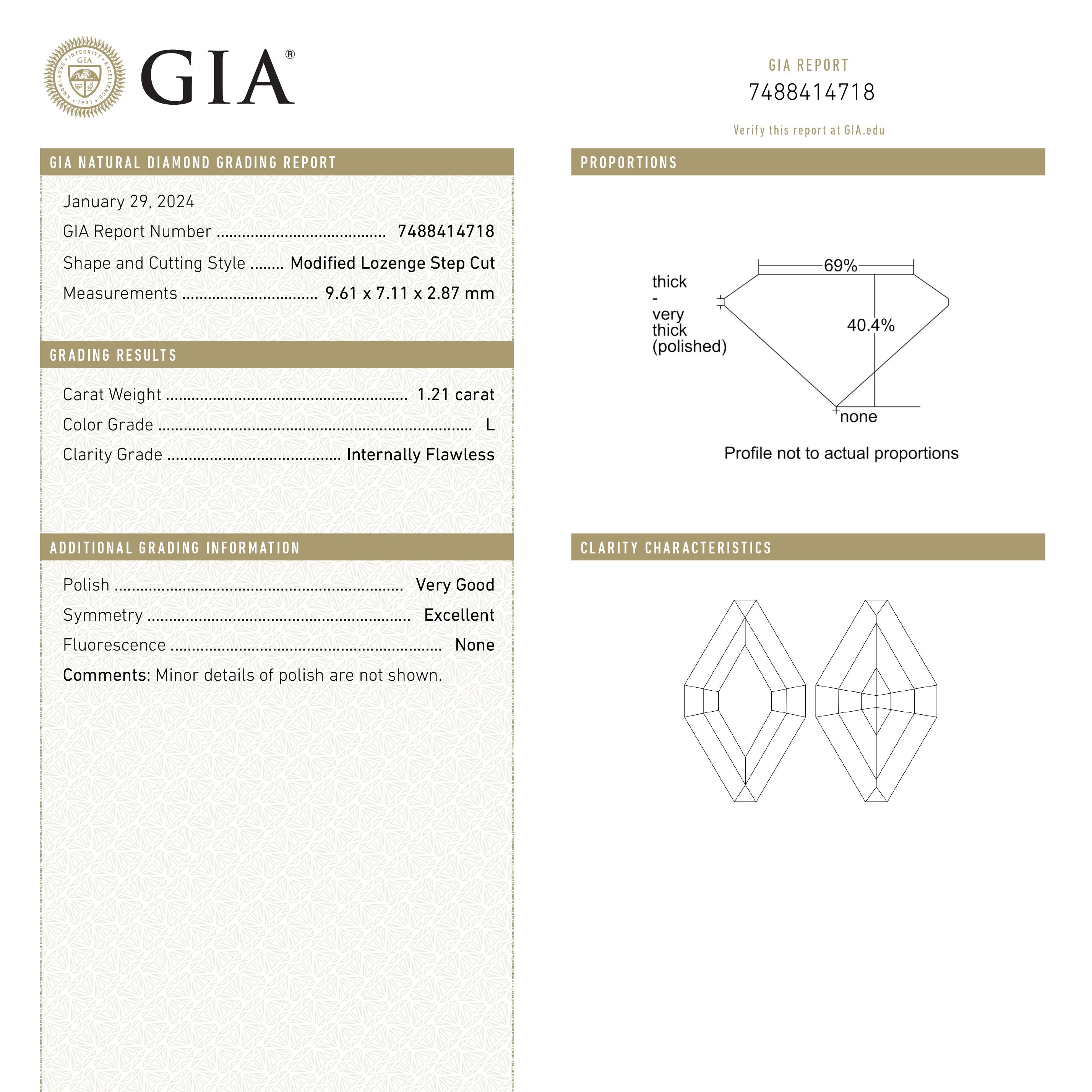 1.21ct 9.61x7.11x2.87mm GIA Internally Flawless L Lozenge Step Cut 25077-01-Staghead Designs