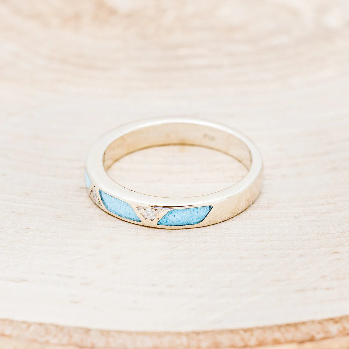 Turquoise Stacking Band With Diamond Accent - 14K White Gold - Size 8 3/4