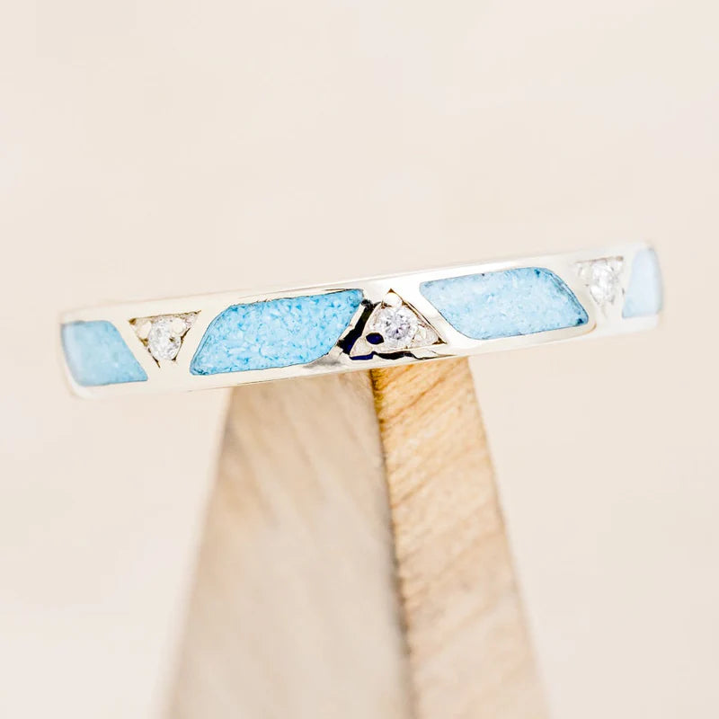 Turquoise Stacking Band With Diamond Accent - 14K White Gold - Size 8 3/4