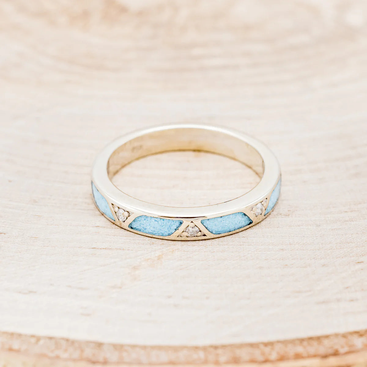Turquoise Stacking Band With Diamond Accent - 14K White Gold - Size 8 3/4