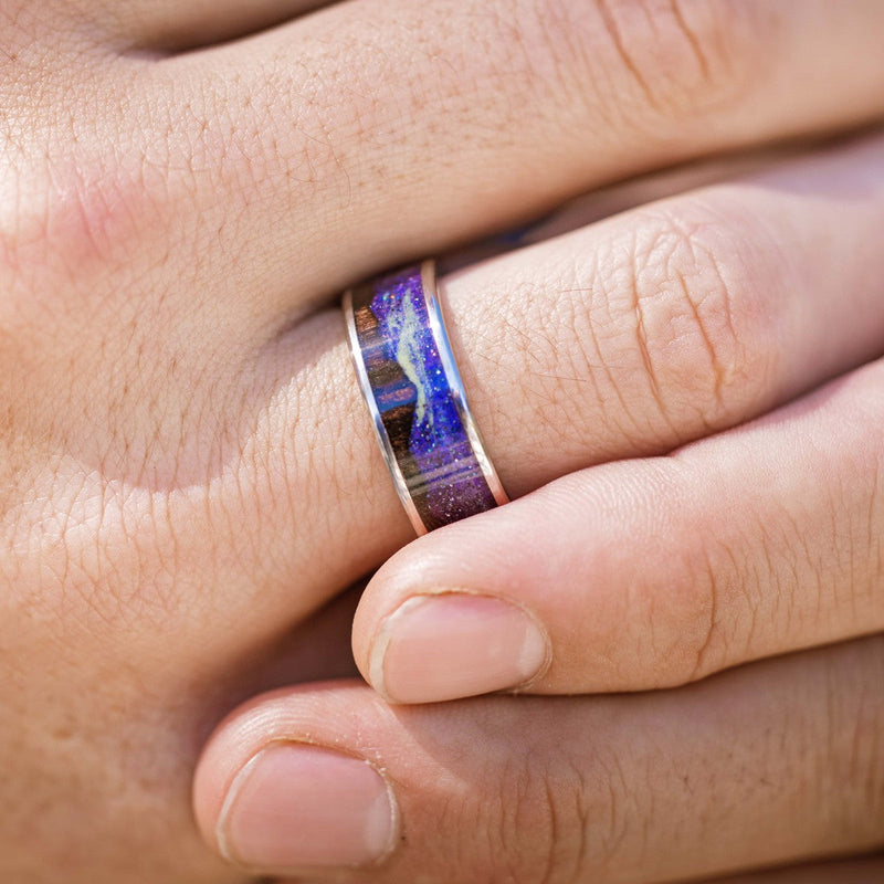 "BOREALIS" - MOUNTAIN ENGRAVED WEDDING RING WITH REDWOOD & GLOW IN THE DARK NORTHERN LIGHTS