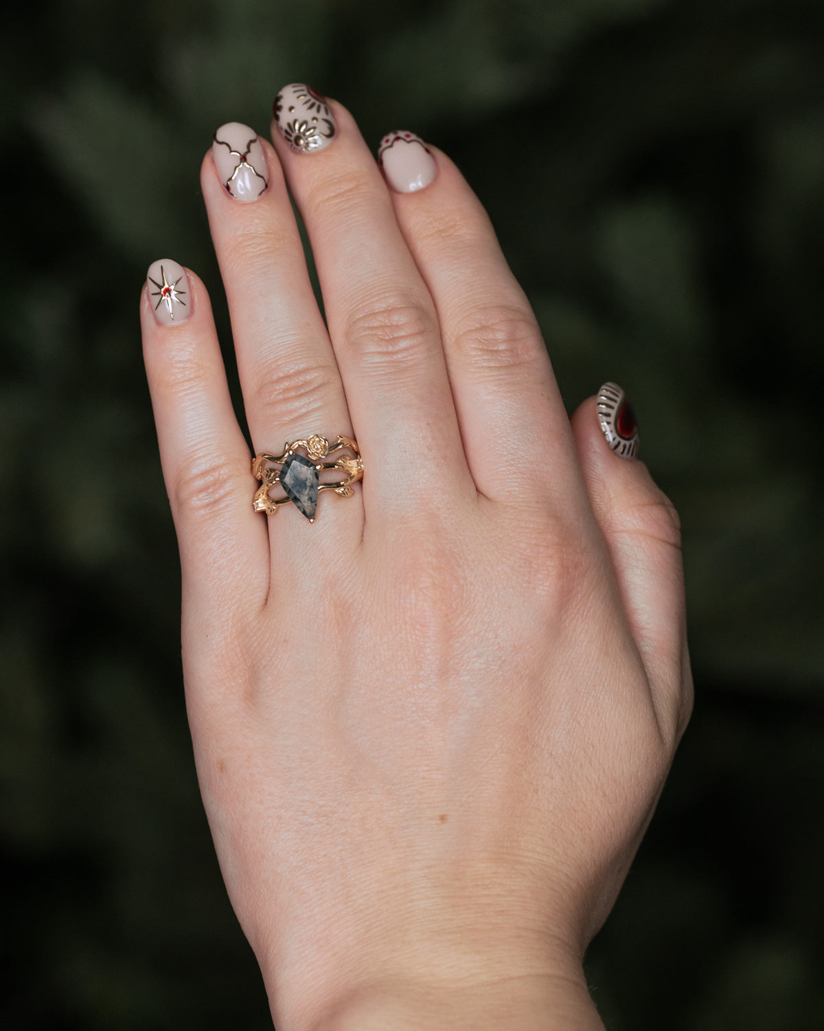 "ARTEMIS ON THE VINE" - KITE CUT ENGAGEMENT RING WITH DIAMOND ACCENTS & "BRIAR" STACKING BAND-Staghead Designs