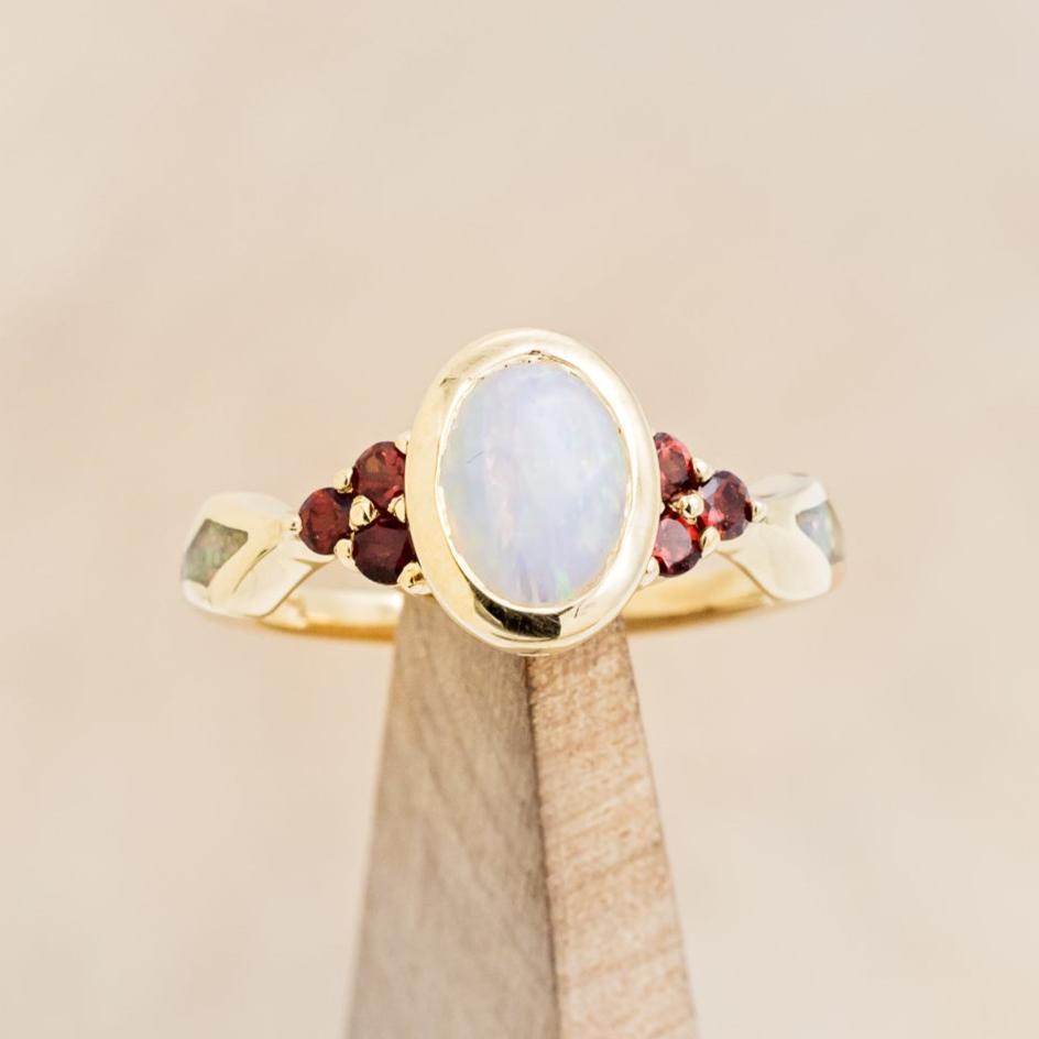"AGATHA" - BEZEL SET OVAL CABOCHON CUT WHITE OPAL ENGAGEMENT RING WITH GARNET ACCENTS AND FIRE & ICE OPAL INLAYS-Staghead Designs