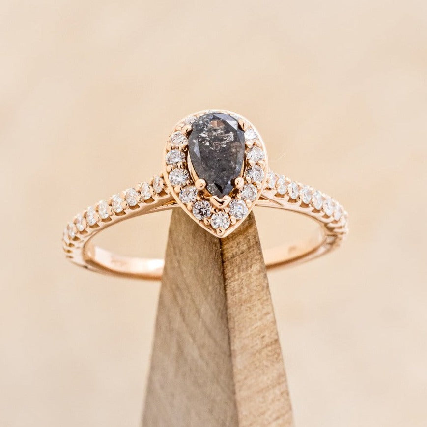 "AGNES" - PEAR-SHAPED SALT & PEPPER DIAMOND ENGAGEMENT RING WITH DIAMOND HALO & ACCENTS-1
