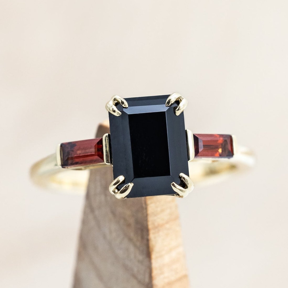 "ALBINA" - EMERALD CUT BLACK ONYX DOUBLE CLAW PRONG ENGAGEMENT RING WITH MOZAMBIQUE GARNET ACCENTS-Staghead Designs
